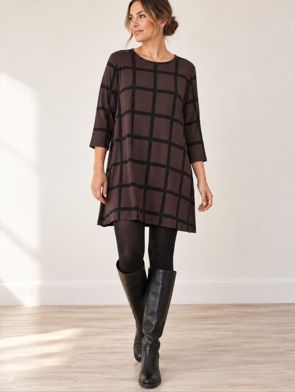 Masai Copenhagen Oversize Knit Tunic Top Dress Brown Black Plaid Size XS / S